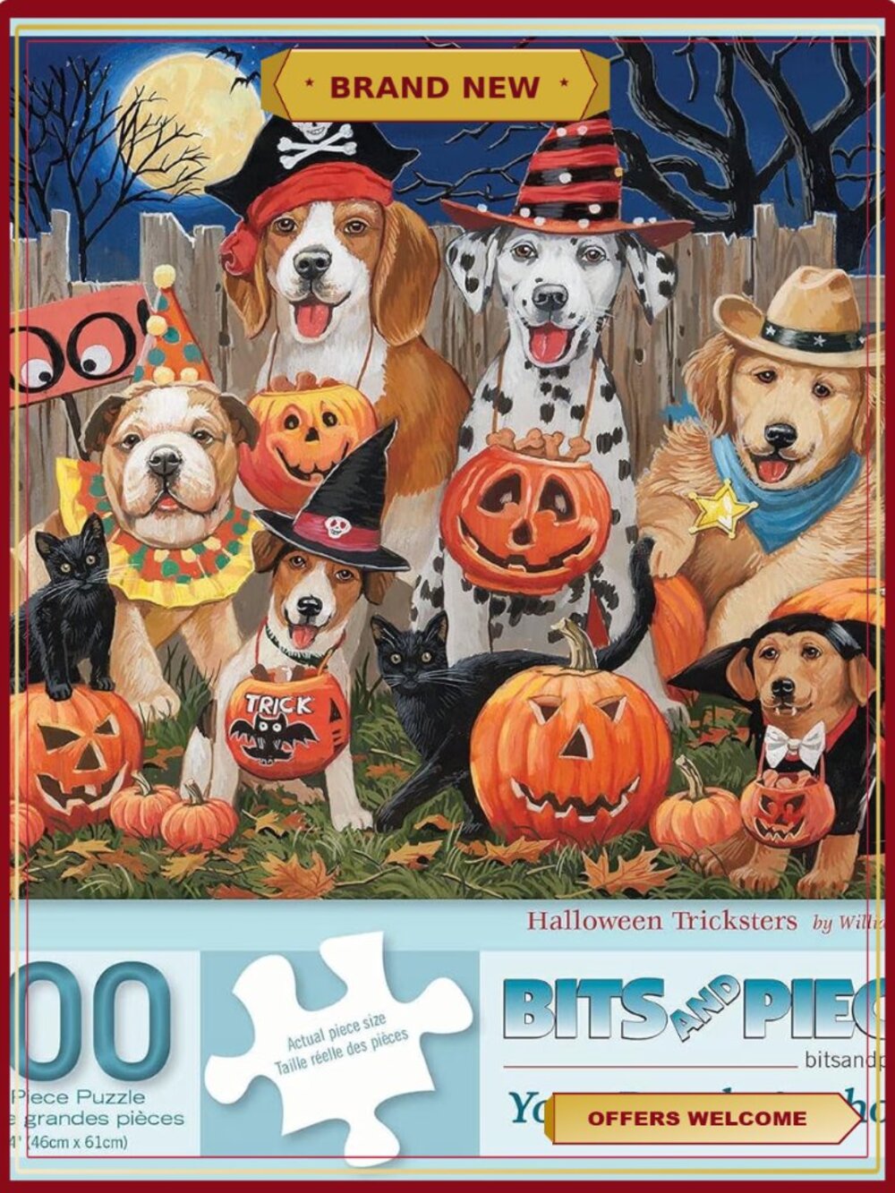 Halloween 300 Piece Jigsaw Puzzle for Adults - Night Scene Dog Cat Pumpkin Moon
